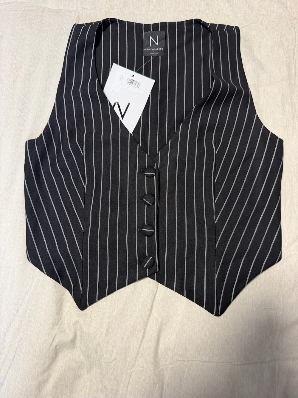 NWT Naked Wardrobe Black Pinstripe Sleeveless Button Front Vest Top Size L